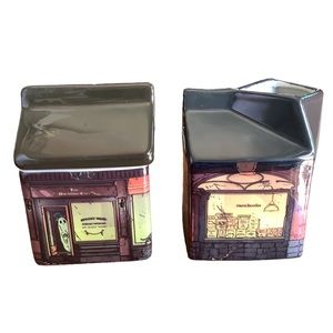 Haunted Cafe and Bookstore Themed Ceramic Milk Carton and Sugar Bowl NEW
